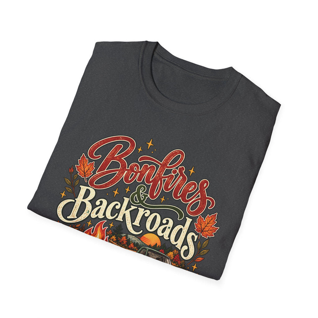 Bonfires & Backroads Fall T-Shirt | Rustic Autumn Graphic Tee
