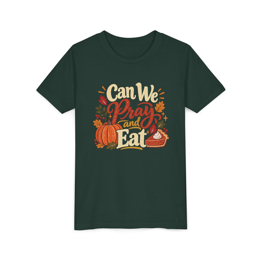 Can We Pray and Eat Kids T-Shirt | Rustic Thanksgiving Youth Tee