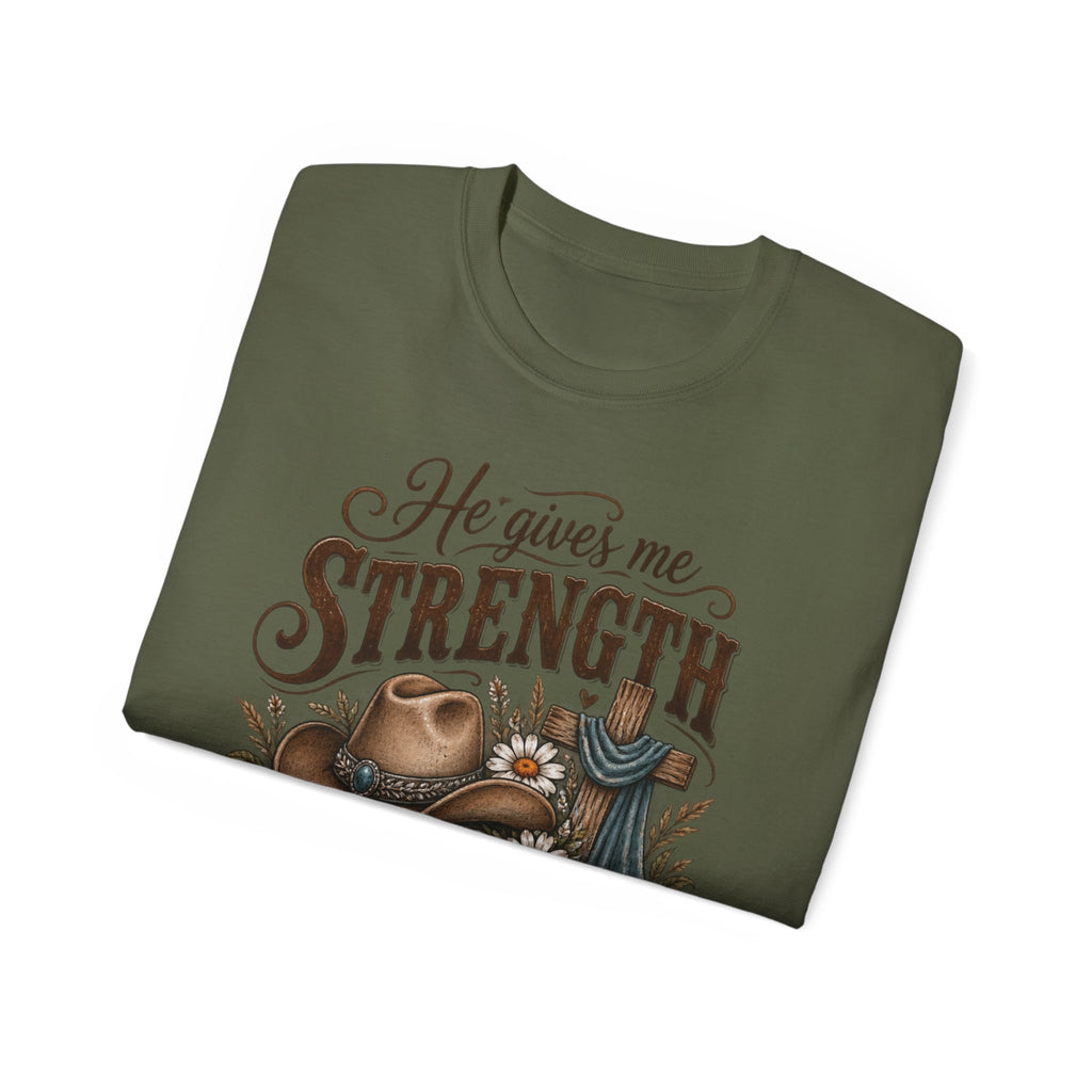 He Gives Me Strength Christian Western Tee 🤎