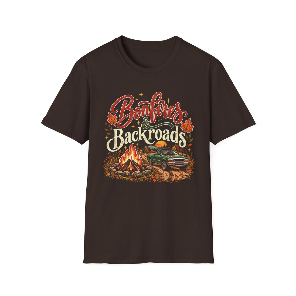 Bonfires & Backroads Fall T-Shirt | Rustic Autumn Graphic Tee