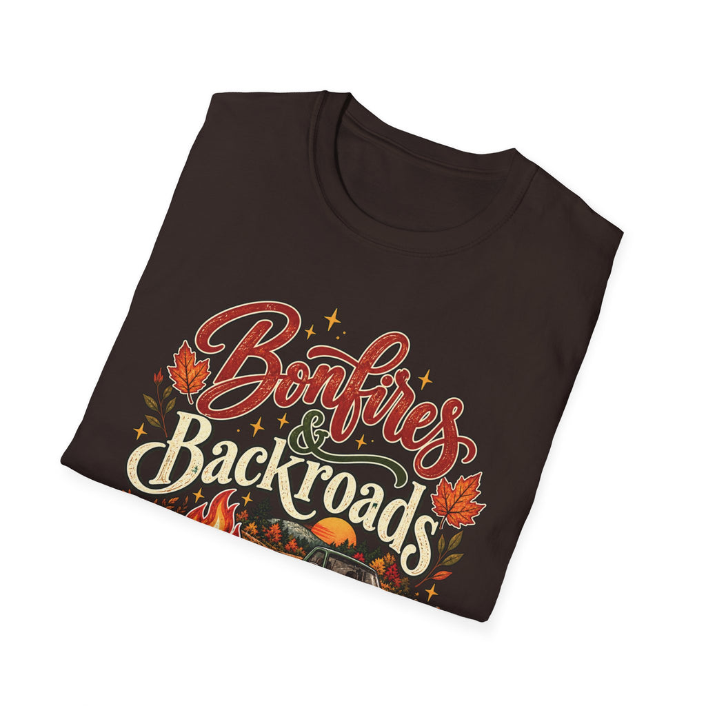 Bonfires & Backroads Fall T-Shirt | Rustic Autumn Graphic Tee