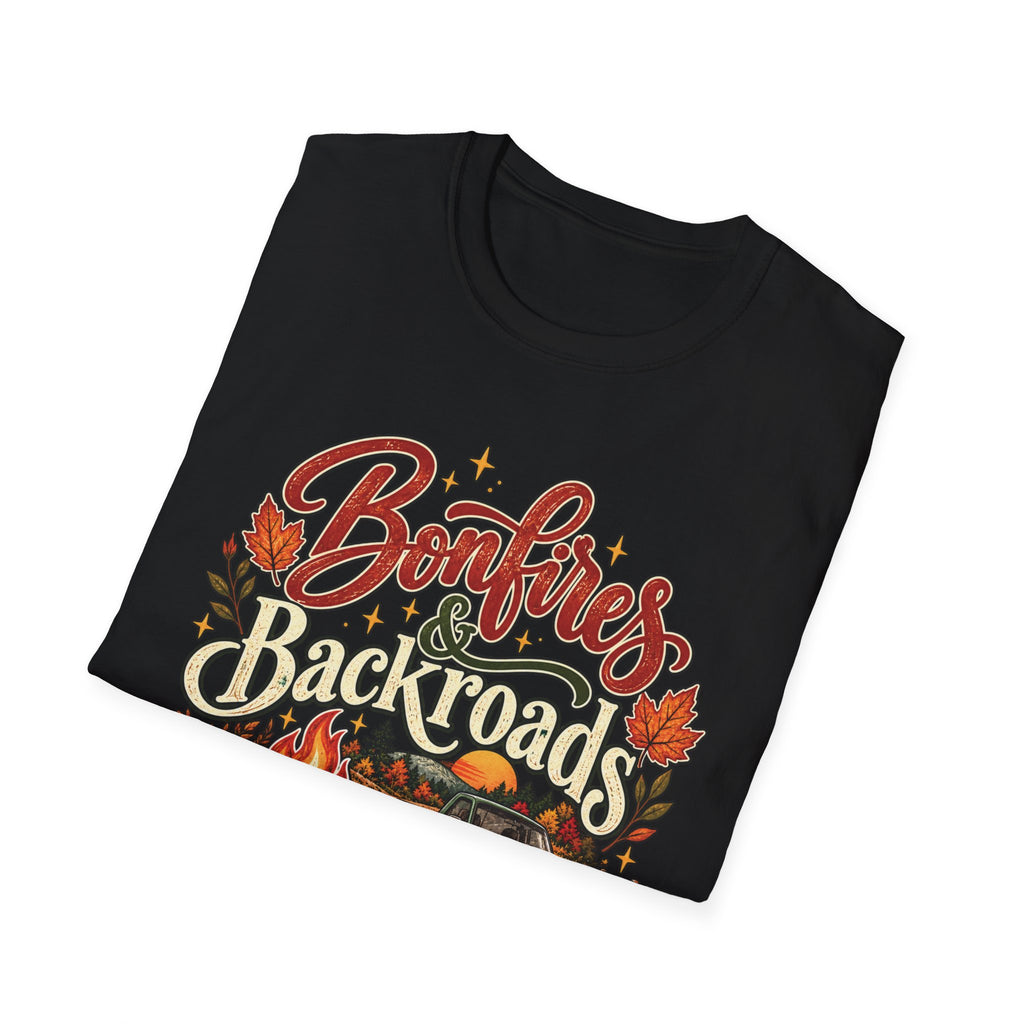 Bonfires & Backroads Fall T-Shirt | Rustic Autumn Graphic Tee